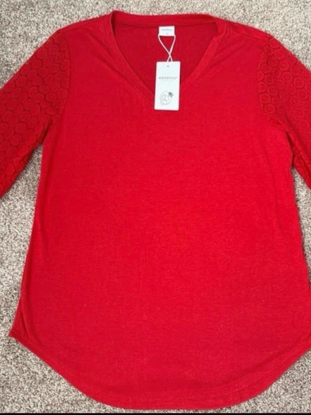 Women’s Red V-Neck Long Sleeve Tee with Lace Sleeve Detail